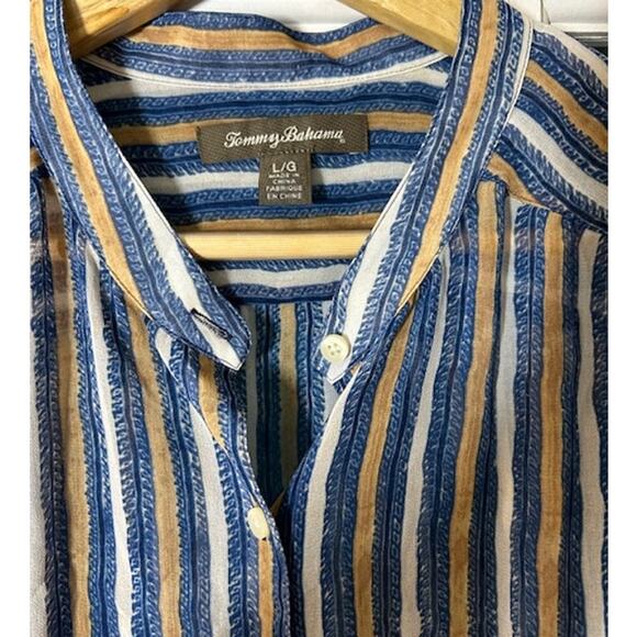 TOMMY BAHAMA Blue Sheer Short Sleeve Collarless Stripe Button Front Shirt LARGE - Picture 3 of 9